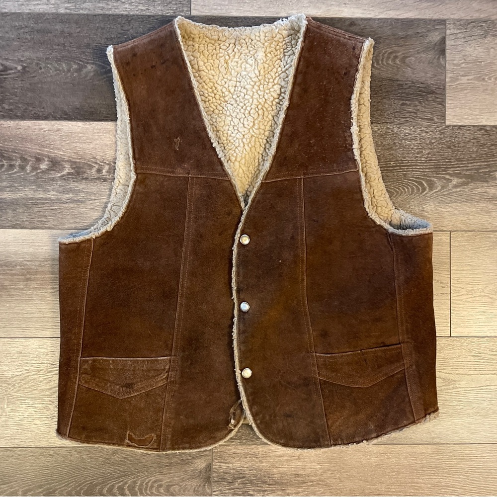 Vintage 70s Dark Brown Suede Leather & Sherpa Fur Western Vest Mens L/XL